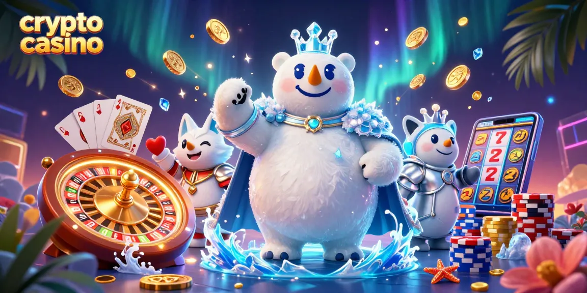 Casino crypto : illustration d'un ours polaire royal et un renard en armure parmi des jeux d'argent et de la magie.