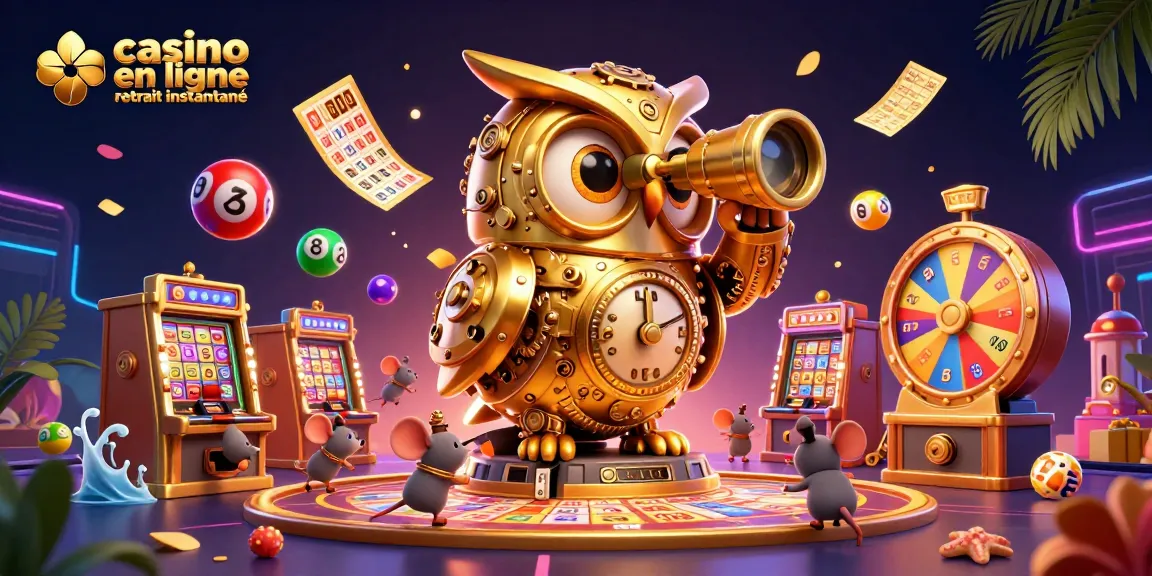 Visuel dynamique de casino en ligne retrait instantané illustré avec un hibou doré et des éléments de jeu colorés.