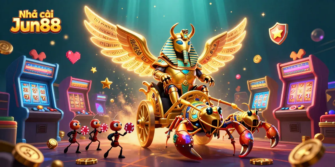 Experience thrilling gaming with Nhà cái Jun88's colossal beetle and scorpion characters in this vibrant scene.