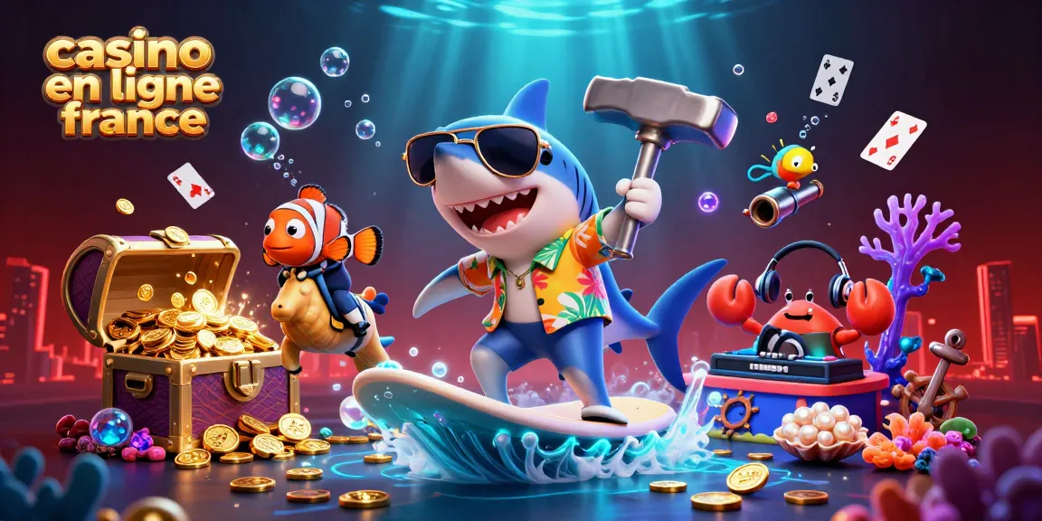 Une illustration dynamique représentant le casino en ligne France avec un requin du marteau surfeur, un poisson-clown et un crabe DJ.