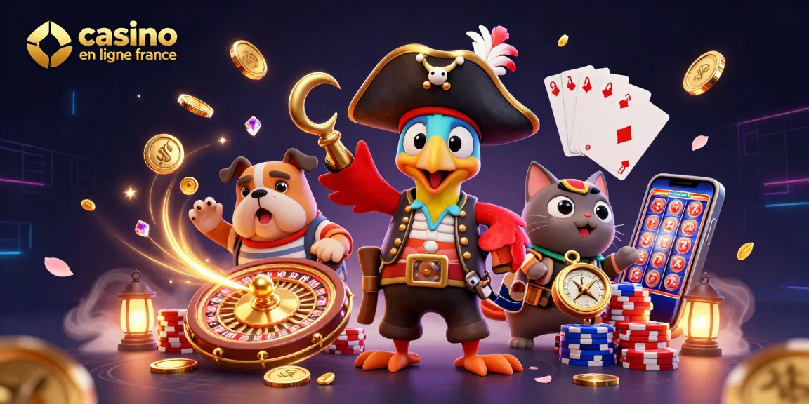 Jouer au casino en ligne France avec un pirate et ses compagnons entourés de pièces d'or et de jetons, action festive.