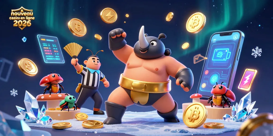 Illustration d'un rhinocéros scarabée sumo dans un nouveau casino en ligne 2026, s'accompagnant de pièces d'or volantes.