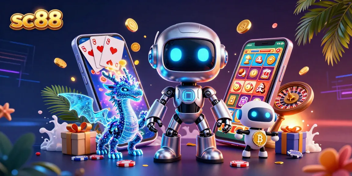Experience sc88 with a vibrant 3D scene featuring a cyberpunk robot, AI dragon, and bitcoin drone.