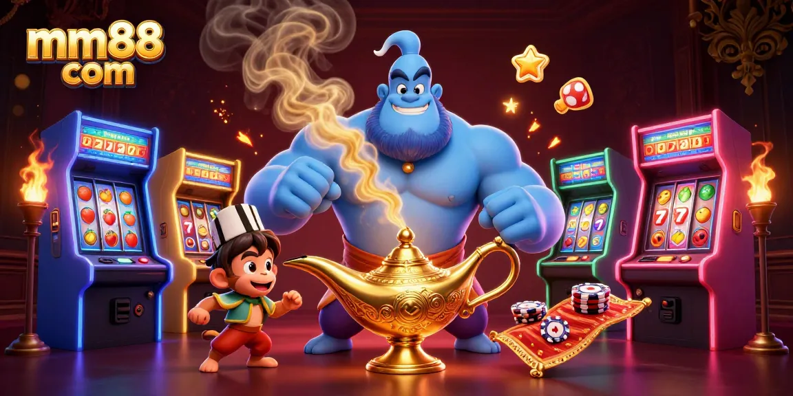 Experience the thrill of mm88 com with a dynamic casino scene featuring a genie, monkey, and flying poker chips.