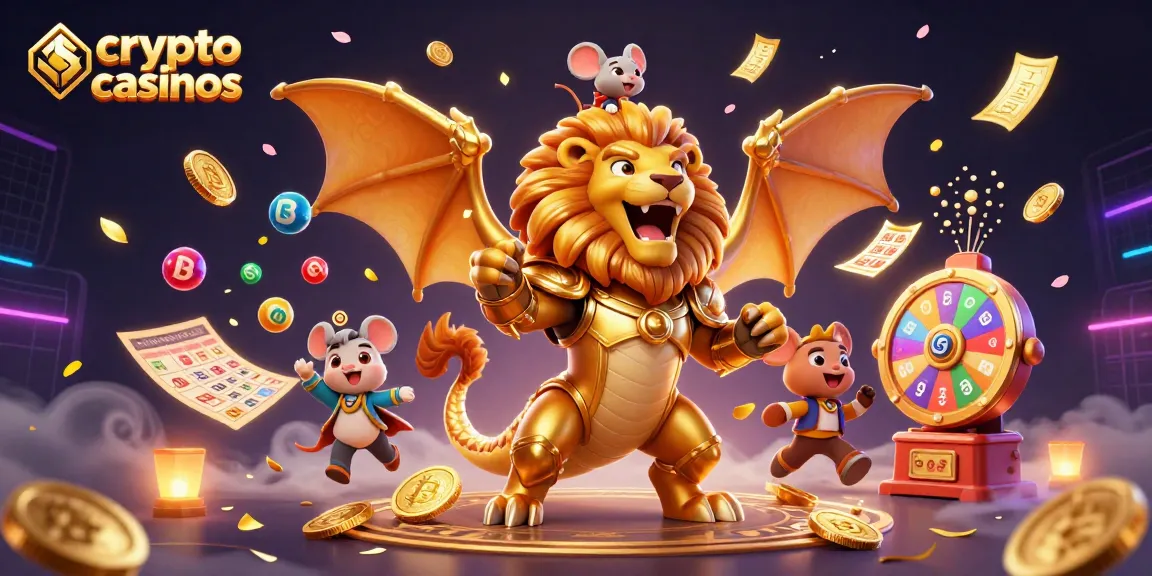 Découvrez les avantages des crypto casinos avec une créature chimérique majestueuse dans un décor dynamique.