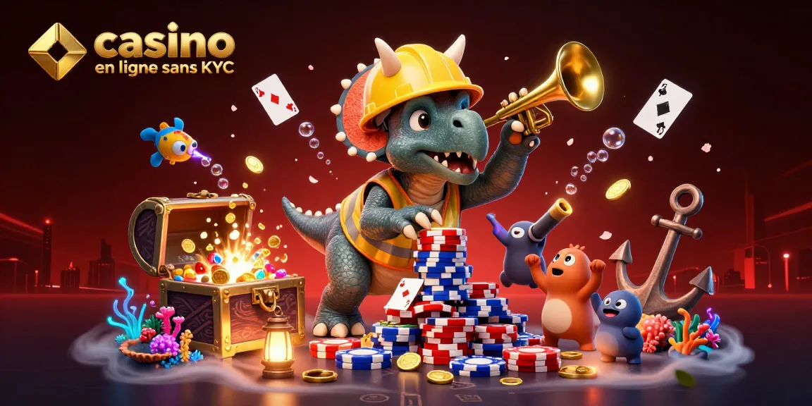 Jeu de casino en ligne sans KYC avec triceratops construisant une pyramide de jetons de poker.