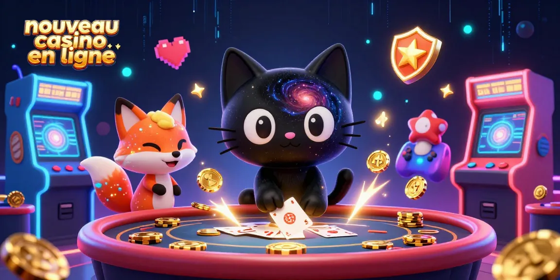 Une scène captivante de "nouveau casino en ligne" avec un chat en trou noir et un renard nébuleux entourés de machines à sous colorées.