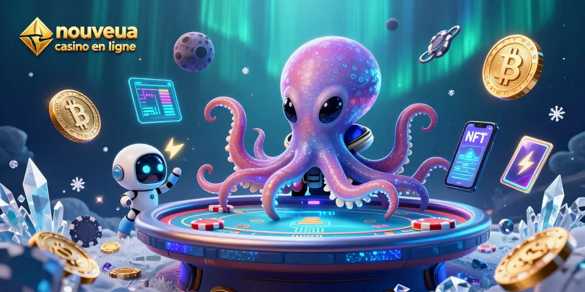 Découvrez le nouveau casino en ligne, avec une illustration d'un octopus extraterrestre jouant au poker dans une scène dynamique.