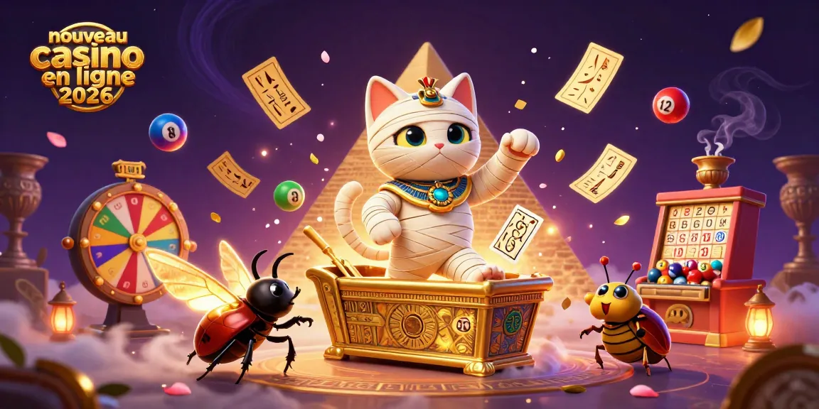 Illustration d'un nouveau casino en ligne 2026 avec un chat momie égyptien, symboles de jeu et une ambiance vibrante.
