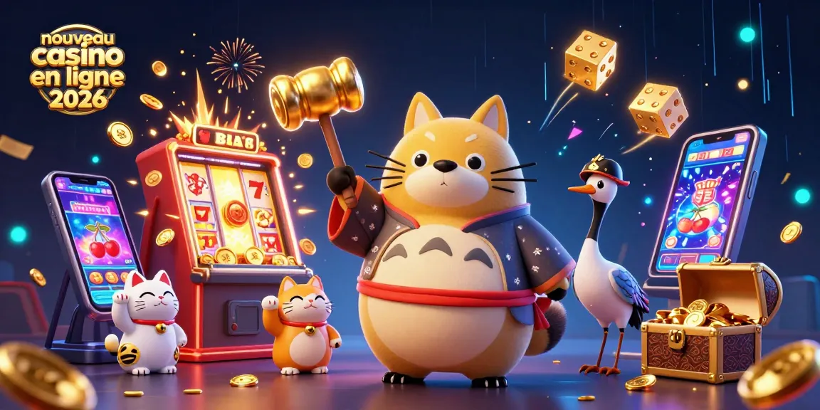 Illustration dynamique de casino avec le tanuki, le maneki-neko et le slogan nouveaux casinos en ligne 2026.