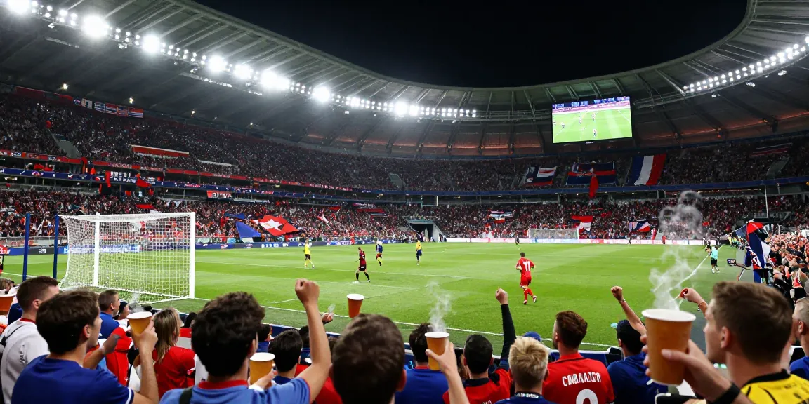 Les fans célébrant un but lors de la Ligue des champions de l'UEFA, ambiance électrisante au stade.