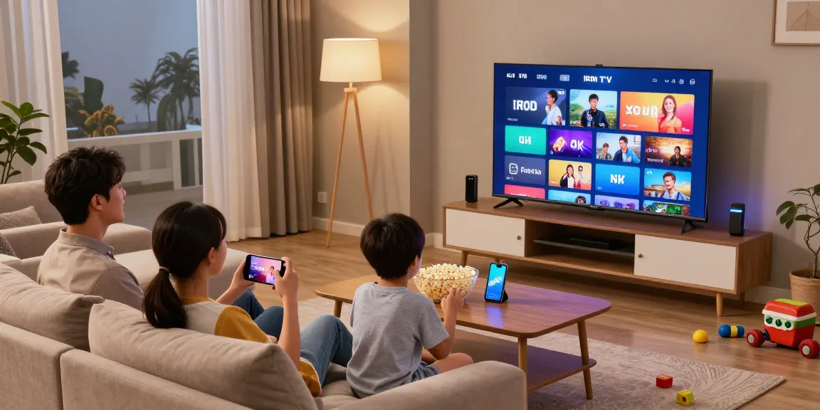 Famille profitant du service Iron TV Pro avec une expérience de streaming relaxante dans leur salon confortable.
