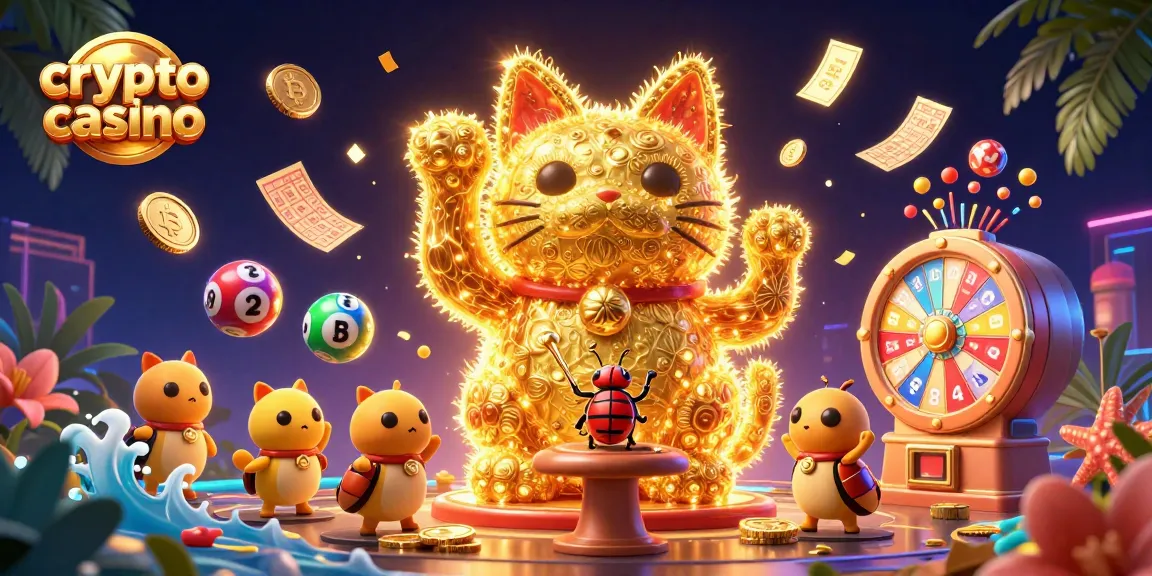 Illustration de crypto casino avec un chat chanceux et des éléments dynamiques de jeu.