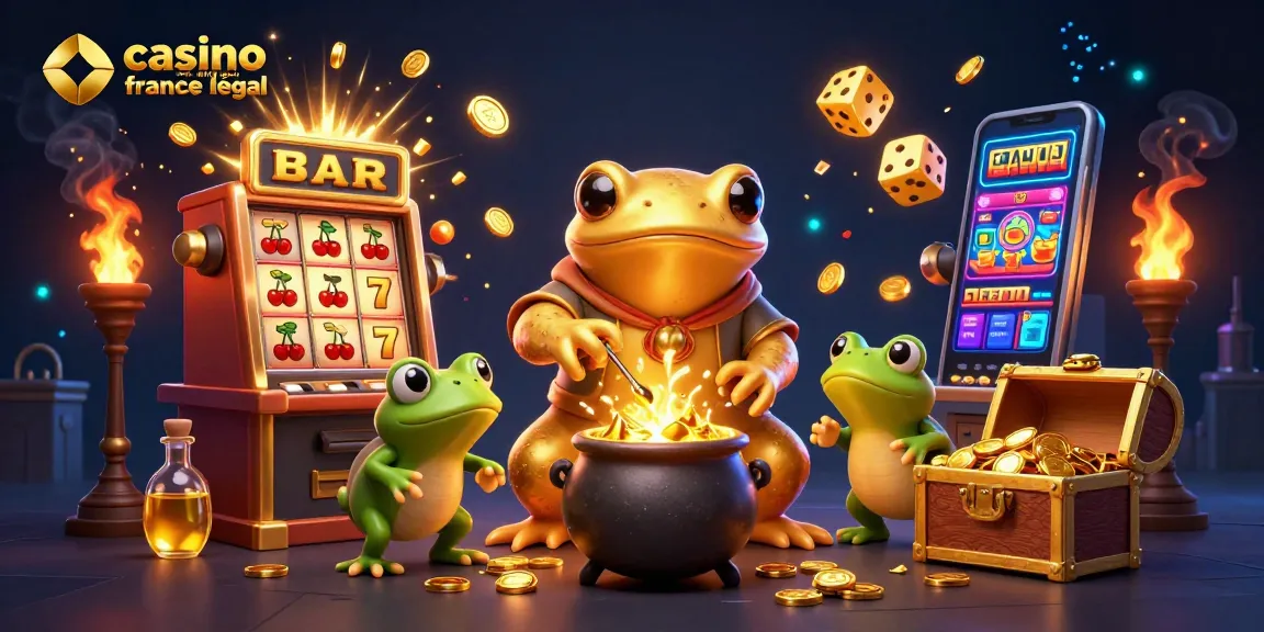 Plongez dans l'univers du casino en ligne France légal avec une illustration animée de créatures magiques et des jeux de casino éclatants.