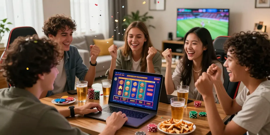 Un groupe d'amis célébrant un grand gain sur un casino en ligne en France, réunis autour d'un ordinateur portable avec une interface colorée de jeux de casino.