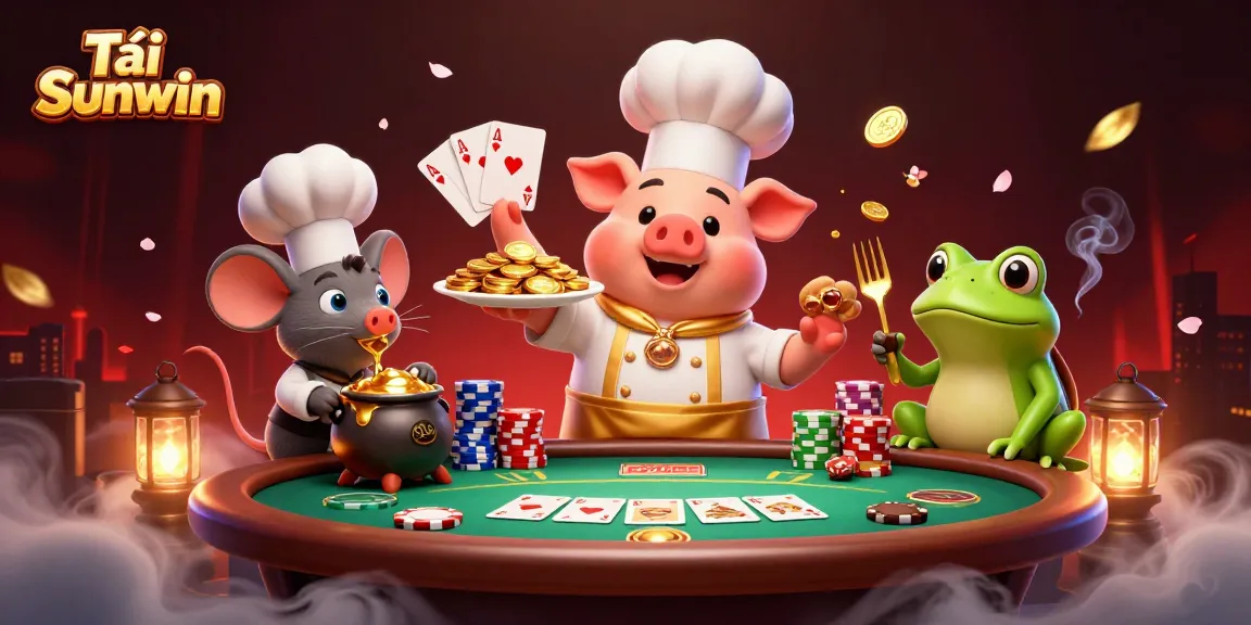 Tải Sunwin with vibrant 3D illustration of a chef pig serving gold coins, highlighting poker fun.