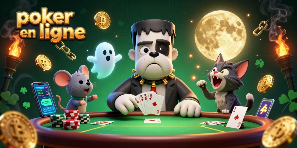 Jouez au poker en ligne avec le chien Frankenstein dans un décor de casino animé.