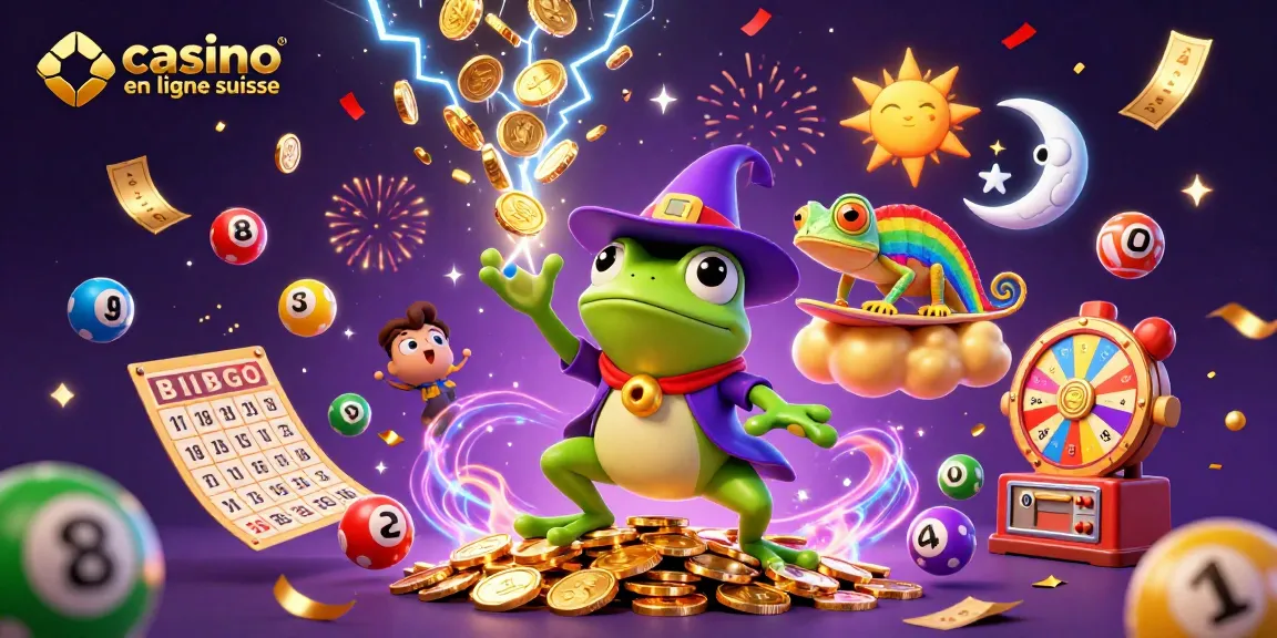 Visualisez un monde de jeux avec des personnages colorés et des éléments animés au casino en ligne suisse.