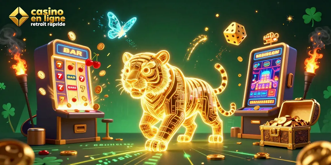 Gagnez avec un casino en ligne retrait rapide, mettant en scène une machine à sous et un tigre doré.