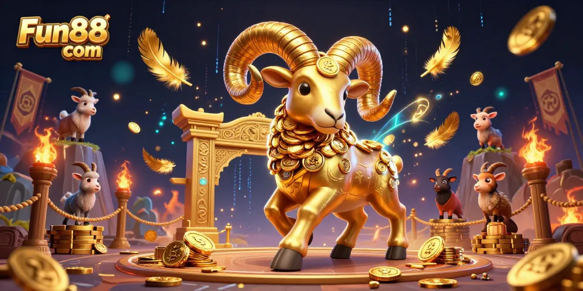Spin into action with Fun88 com’s vibrant casino adventure scene featuring a golden ram and betting tokens.